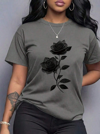 Spring Clothes Women's Clothing, Ladies Plus Size T-Shirt Black Rose Print- Casual Short Sleeve Round Neck Top, Medium Stretch Fabric, All-Season C