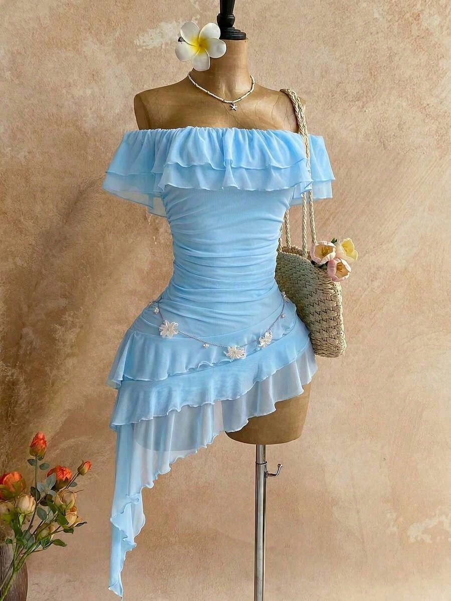 Spring & Summer Vacation Knit Mesh Strapless Fitted Multilayer Ruffle Asymmetric Hem Dress, Suitable For Garden Party, Tea Party, Flower Arranging, Date, Bohemian, Boho, Vacation