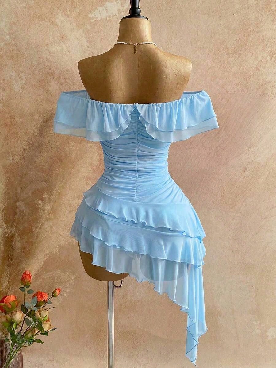 Spring & Summer Vacation Knit Mesh Strapless Fitted Multilayer Ruffle Asymmetric Hem Dress, Suitable For Garden Party, Tea Party, Flower Arranging, Date, Bohemian, Boho, Vacation