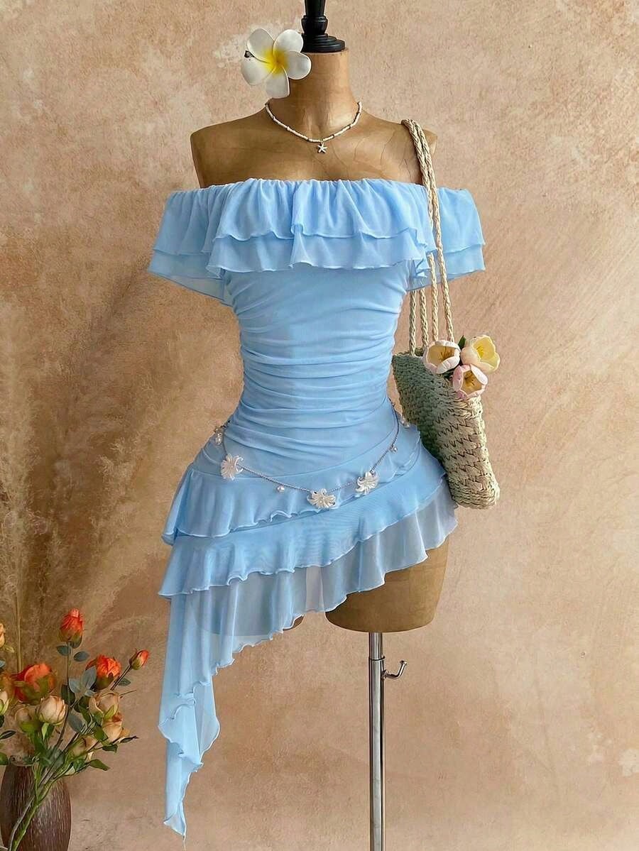 Spring & Summer Vacation Knit Mesh Strapless Fitted Multilayer Ruffle Asymmetric Hem Dress, Suitable For Garden Party, Tea Party, Flower Arranging, Date, Bohemian, Boho, Vacation