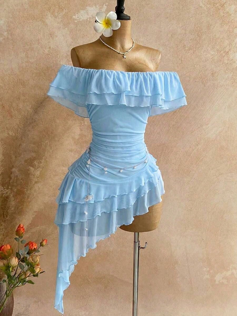 Spring & Summer Vacation Knit Mesh Strapless Fitted Multilayer Ruffle Asymmetric Hem Dress, Suitable For Garden Party, Tea Party, Flower Arranging, Date, Bohemian, Boho, Vacation