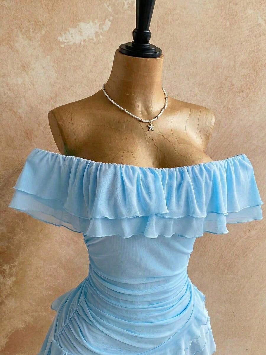 Spring & Summer Vacation Knit Mesh Strapless Fitted Multilayer Ruffle Asymmetric Hem Dress, Suitable For Garden Party, Tea Party, Flower Arranging, Date, Bohemian, Boho, Vacation