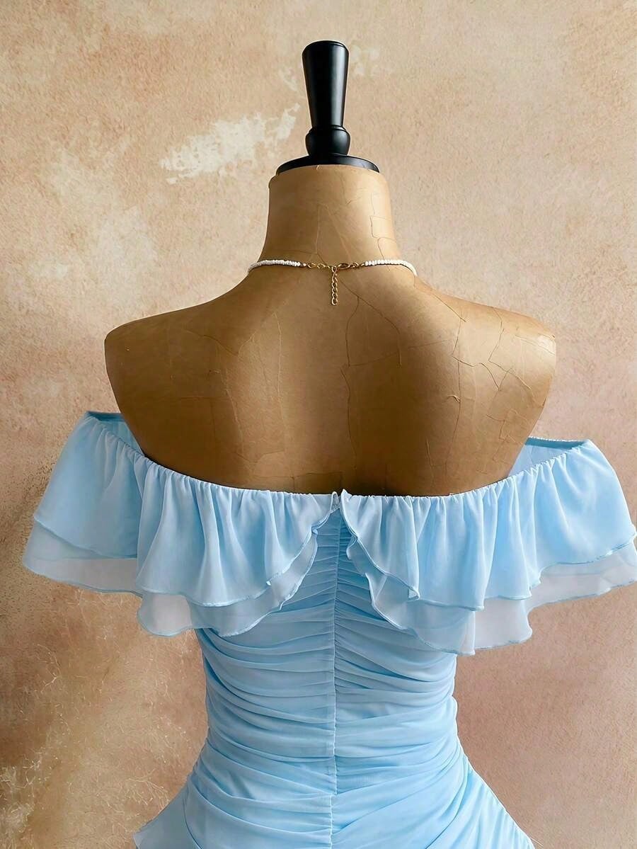 Spring & Summer Vacation Knit Mesh Strapless Fitted Multilayer Ruffle Asymmetric Hem Dress, Suitable For Garden Party, Tea Party, Flower Arranging, Date, Bohemian, Boho, Vacation