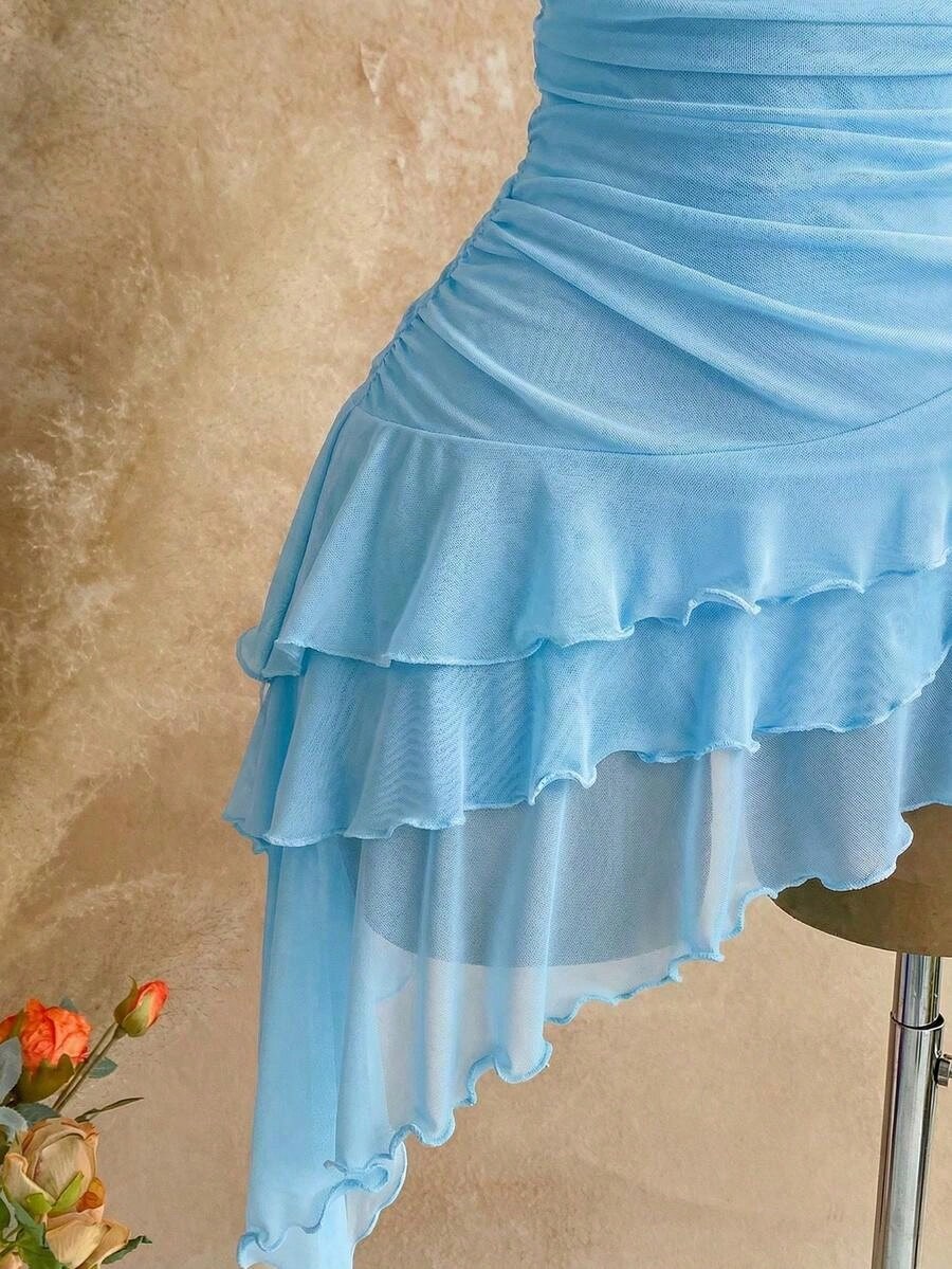 Spring & Summer Vacation Knit Mesh Strapless Fitted Multilayer Ruffle Asymmetric Hem Dress, Suitable For Garden Party, Tea Party, Flower Arranging, Date, Bohemian, Boho, Vacation