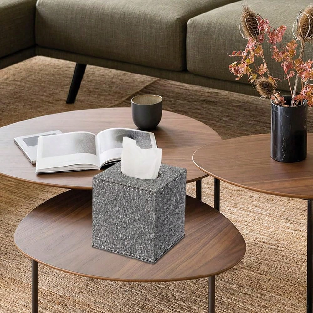 Square Linen Tissue Box Cover- Stylish Cube Tissue Box Holder With Magnetic Bottom, Decorative Tissue Box For Vanity Toilet Dresser Ni