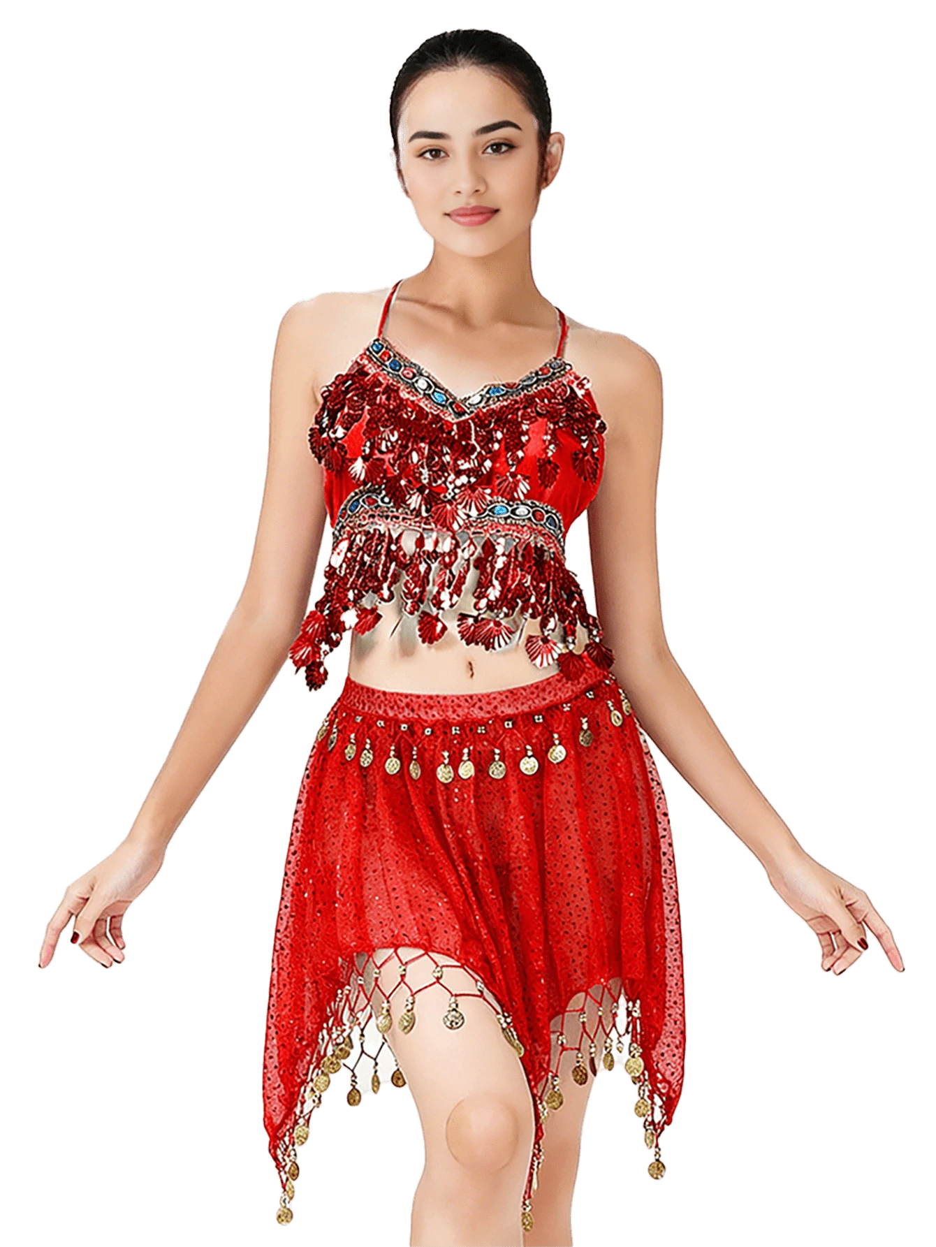 Stage Ornate Embellished Crop Top Sheer Mesh Dance Skirt Coin Pendant Dance Veil (Multiple Colors Available)