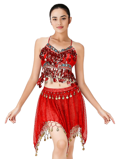 Stage Ornate Embellished Crop Top Sheer Mesh Dance Skirt Coin Pendant Dance Veil (Multiple Colors Available)
