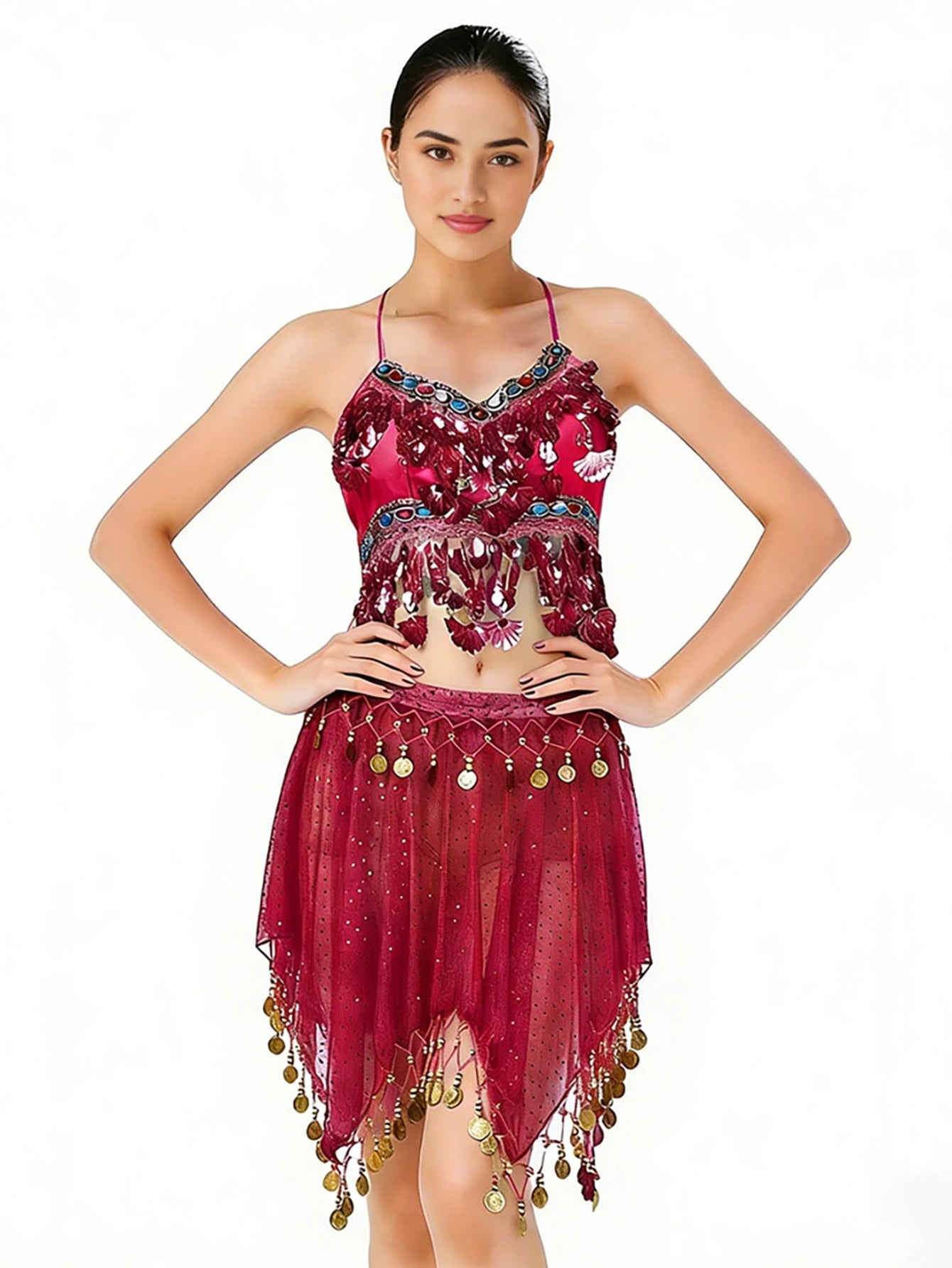 Stage Ornate Embellished Crop Top Sheer Mesh Dance Skirt Coin Pendant Dance Veil (Multiple Colors Available)
