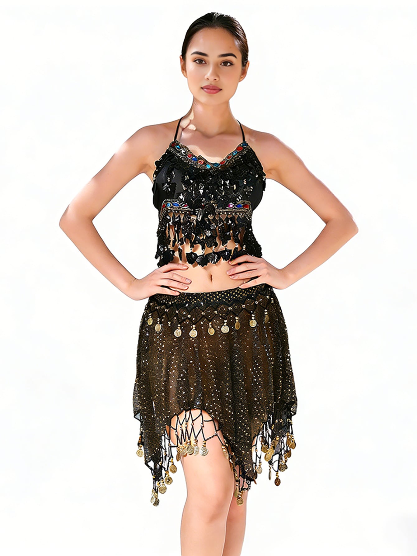 Stage Ornate Embellished Crop Top Sheer Mesh Dance Skirt Coin Pendant Dance Veil (Multiple Colors Available)