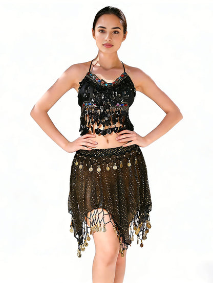 Stage Ornate Embellished Crop Top Sheer Mesh Dance Skirt Coin Pendant Dance Veil (Multiple Colors Available)