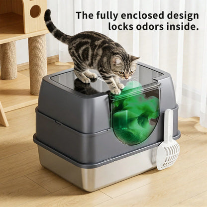 Stainless Steel Litter Box With Lid,Front Entry Top Exit Kitty LitterBox,Extra Large Enclosed Metal Cat Box With Litter Scoop & Litter Mat