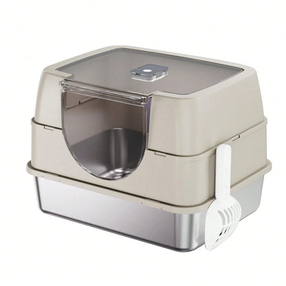 Stainless Steel Litter Box With Lid,Front Entry Top Exit Kitty LitterBox,Extra Large Enclosed Metal Cat Box With Litter Scoop & Litter Mat