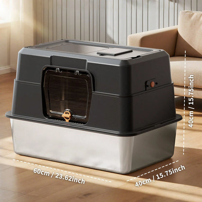 Stainless Steel Litter Box With Lid,Front Entry Top Exit Kitty LitterBox,Extra Large Enclosed Metal Cat Box With Litter Scoop & Litter Mat