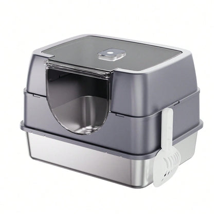 Stainless Steel Litter Box With Lid,Front Entry Top Exit Kitty LitterBox,Extra Large Enclosed Metal Cat Box With Litter Scoop & Litter Mat