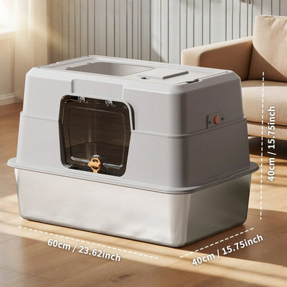 Stainless Steel Litter Box With Lid,Front Entry Top Exit Kitty LitterBox,Extra Large Enclosed Metal Cat Box With Litter Scoop & Litter Mat