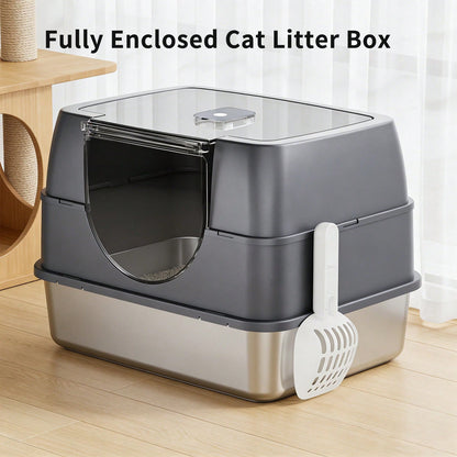 Stainless Steel Litter Box With Lid,Front Entry Top Exit Kitty LitterBox,Extra Large Enclosed Metal Cat Box With Litter Scoop & Litter Mat