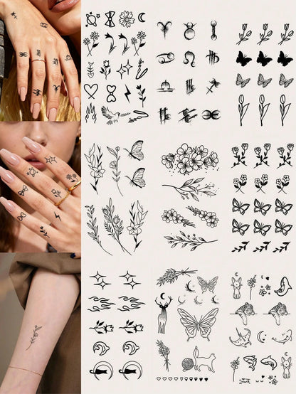 STARTTOOS 9PCS Black Minimalist Line Flower Butterfly Constellation Animal Pattern Temporary Tattoo Stickers, Suitable For DIY Daily Party Holiday Gift Finger Ear Back Shoulder Neck Collarbone Waterpr