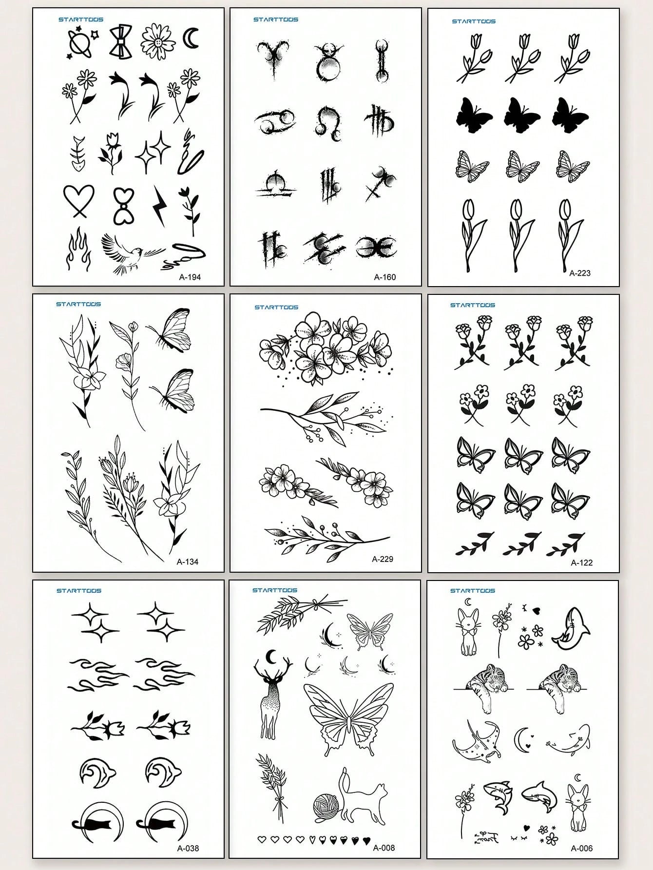STARTTOOS 9PCS Black Minimalist Line Flower Butterfly Constellation Animal Pattern Temporary Tattoo Stickers, Suitable For DIY Daily Party Holiday Gift Finger Ear Back Shoulder Neck Collarbone Waterpr