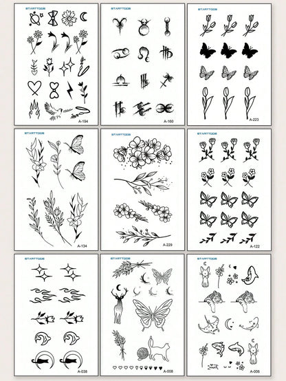 STARTTOOS 9PCS Black Minimalist Line Flower Butterfly Constellation Animal Pattern Temporary Tattoo Stickers, Suitable For DIY Daily Party Holiday Gift Finger Ear Back Shoulder Neck Collarbone Waterpr