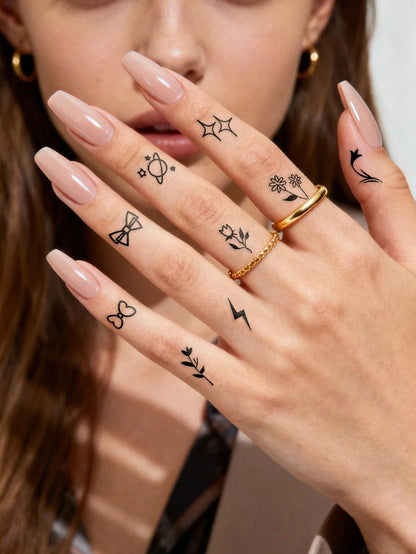 STARTTOOS 9PCS Black Minimalist Line Flower Butterfly Constellation Animal Pattern Temporary Tattoo Stickers, Suitable For DIY Daily Party Holiday Gift Finger Ear Back Shoulder Neck Collarbone Waterpr