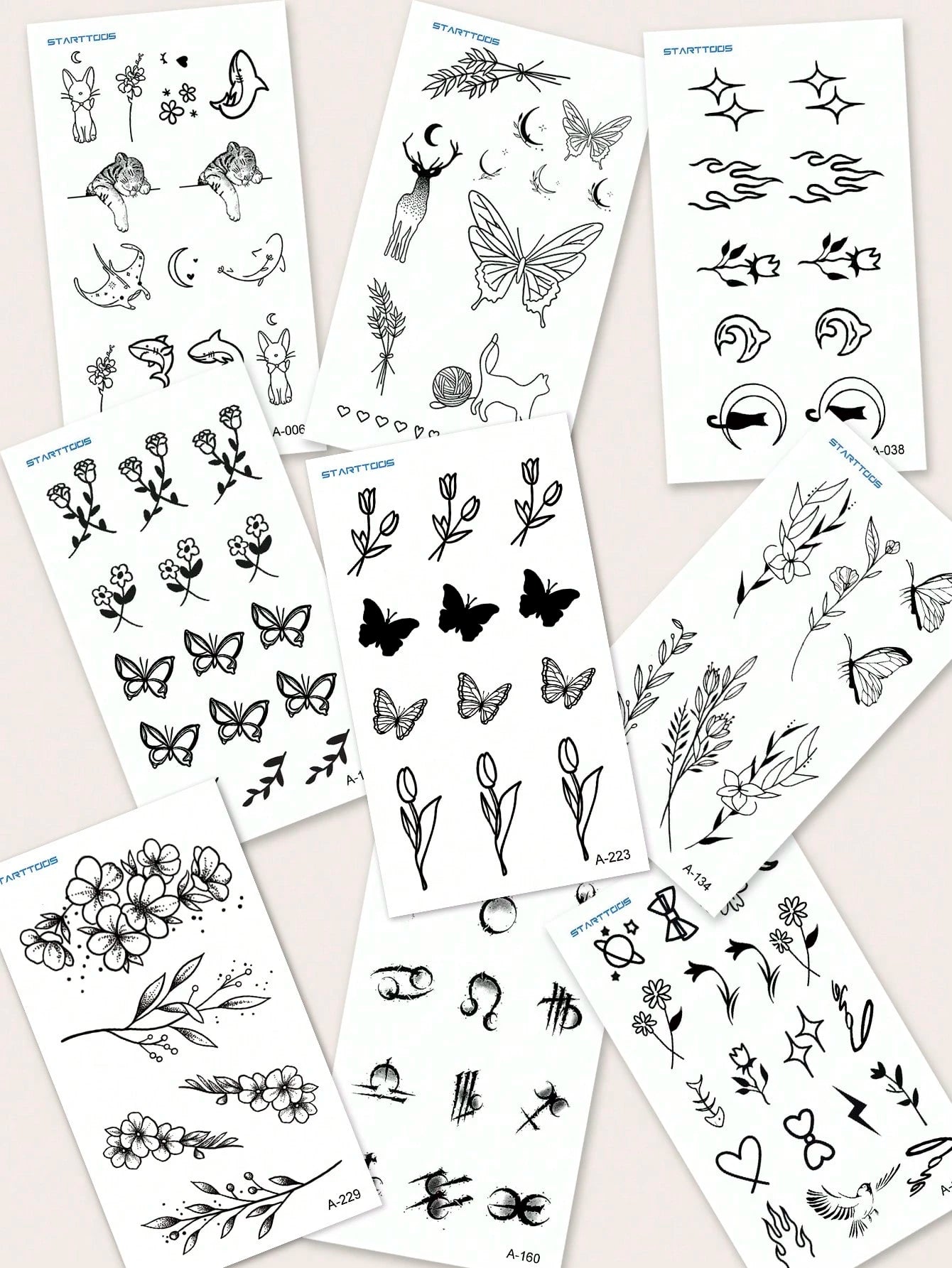 STARTTOOS 9PCS Black Minimalist Line Flower Butterfly Constellation Animal Pattern Temporary Tattoo Stickers, Suitable For DIY Daily Party Holiday Gift Finger Ear Back Shoulder Neck Collarbone Waterpr