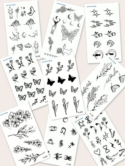 STARTTOOS 9PCS Black Minimalist Line Flower Butterfly Constellation Animal Pattern Temporary Tattoo Stickers, Suitable For DIY Daily Party Holiday Gift Finger Ear Back Shoulder Neck Collarbone Waterpr