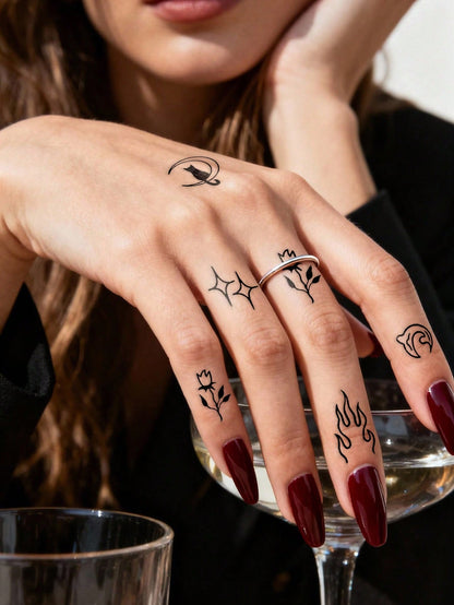 STARTTOOS 9PCS Black Minimalist Line Flower Butterfly Constellation Animal Pattern Temporary Tattoo Stickers, Suitable For DIY Daily Party Holiday Gift Finger Ear Back Shoulder Neck Collarbone Waterpr