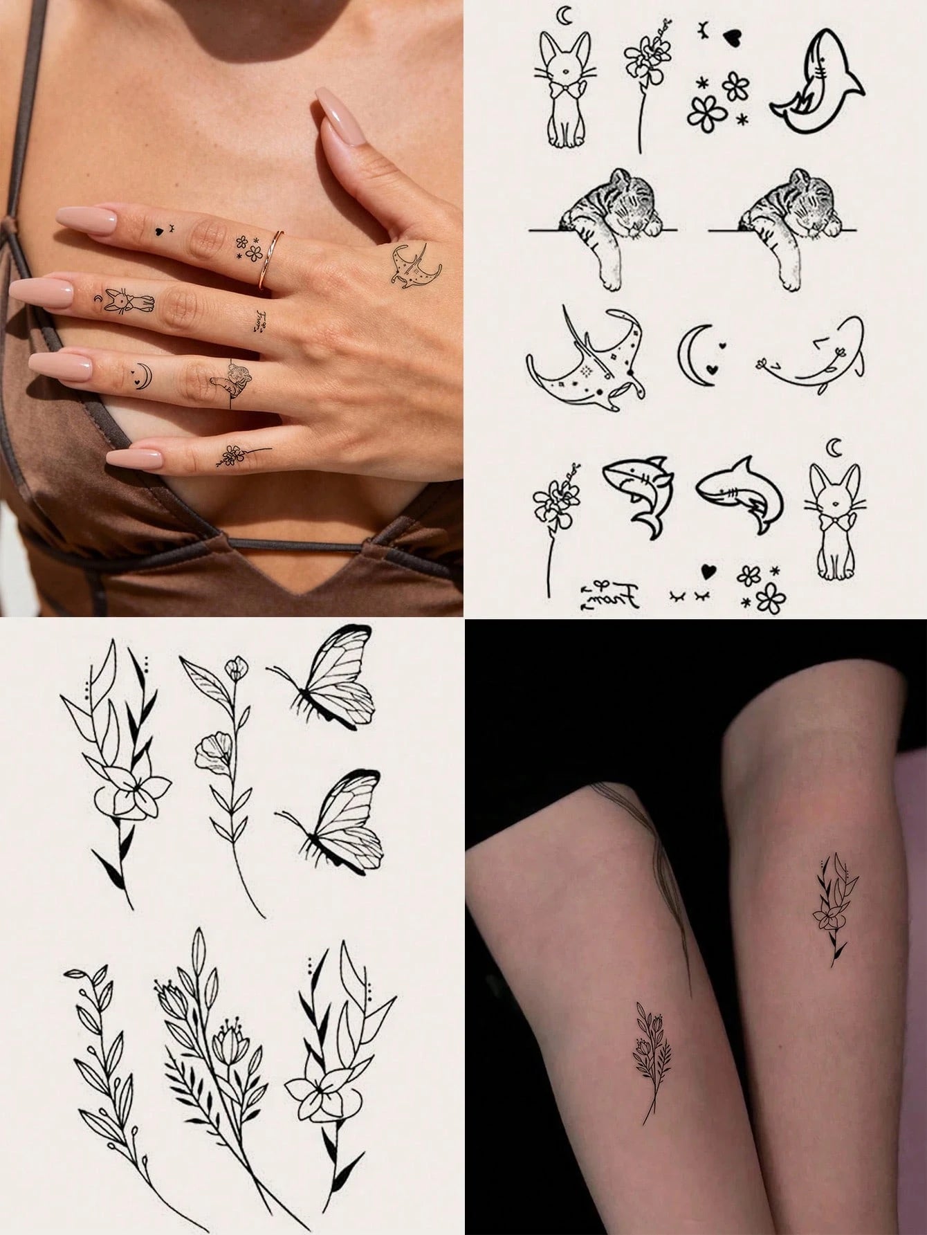 STARTTOOS 9PCS Black Minimalist Line Flower Butterfly Constellation Animal Pattern Temporary Tattoo Stickers, Suitable For DIY Daily Party Holiday Gift Finger Ear Back Shoulder Neck Collarbone Waterpr