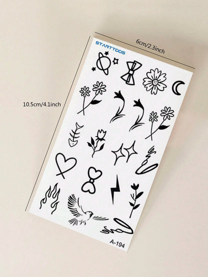 STARTTOOS 9PCS Black Minimalist Line Flower Butterfly Constellation Animal Pattern Temporary Tattoo Stickers, Suitable For DIY Daily Party Holiday Gift Finger Ear Back Shoulder Neck Collarbone Waterpr