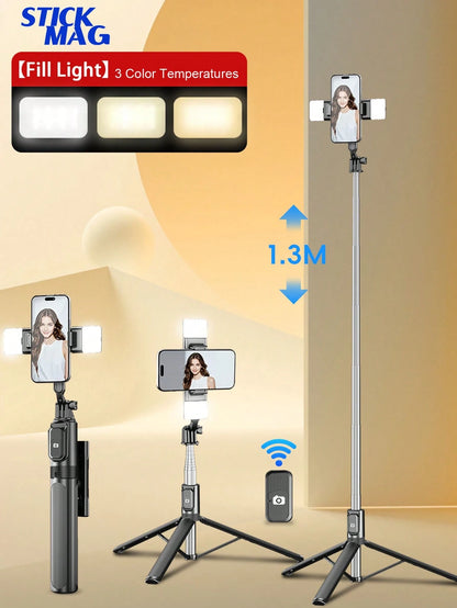 STICKMAG 130cm Wireless Bluetooth Selfie Stick Tripod With 3-Speed Adjustable LED Beauty Light, 360° Rotating Stainless Steel Anti-Shake, Suitable For Smartphones