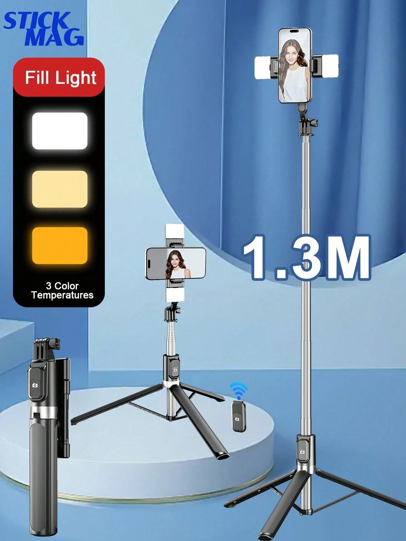 STICKMAG 130cm Wireless Bluetooth Selfie Stick Tripod With 3-Speed Adjustable LED Beauty Light, 360° Rotating Stainless Steel Anti-Shake, Suitable For Smartphones