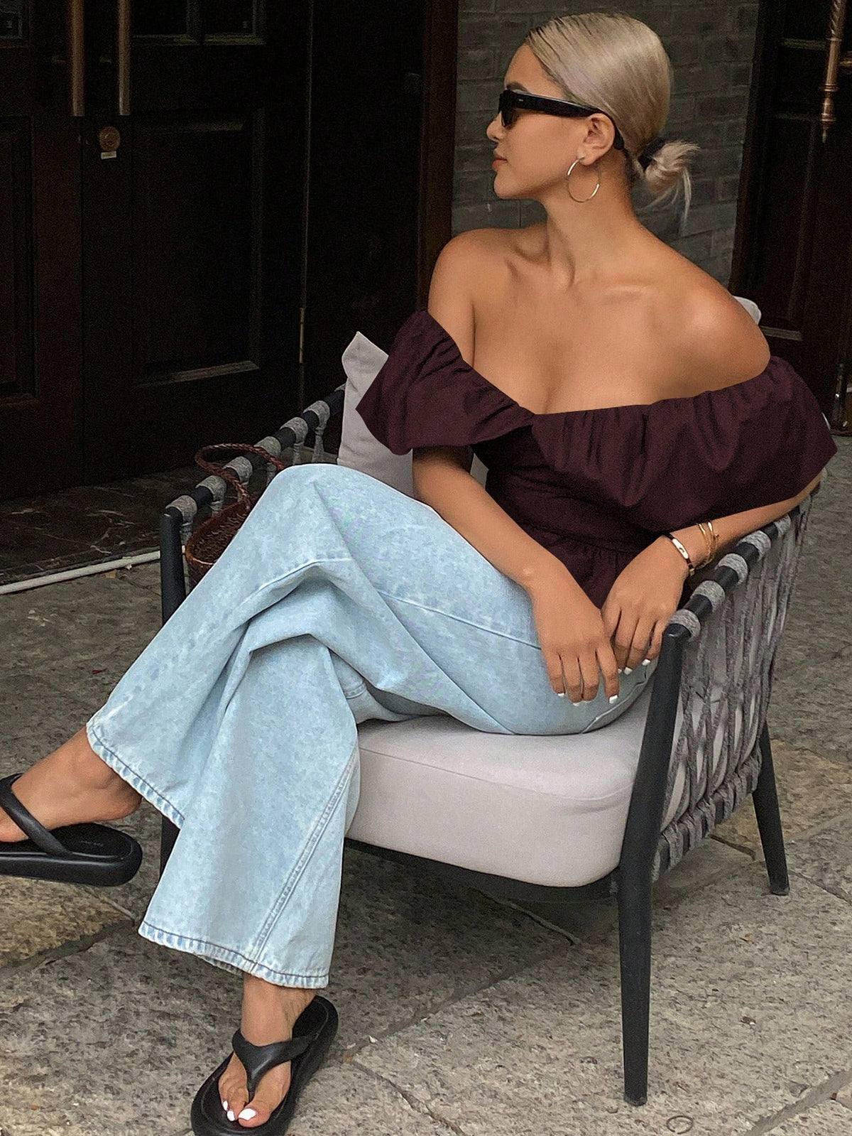 Strévra Solid Color Strapless Straight Neckline Elegant Shirred Short Autumn Blouse Women's Shirt Off The Shoulder Top Going Out Tops
