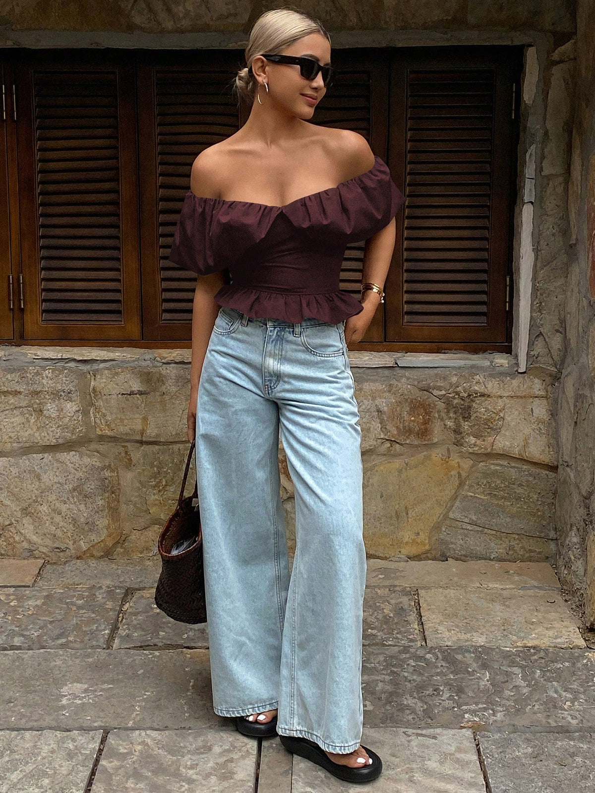 Strévra Solid Color Strapless Straight Neckline Elegant Shirred Short Autumn Blouse Women's Shirt Off The Shoulder Top Going Out Tops