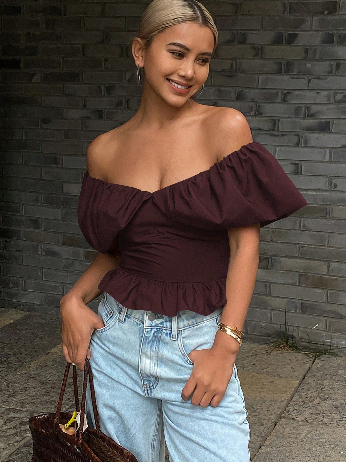 Strévra Solid Color Strapless Straight Neckline Elegant Shirred Short Autumn Blouse Women's Shirt Off The Shoulder Top Going Out Tops