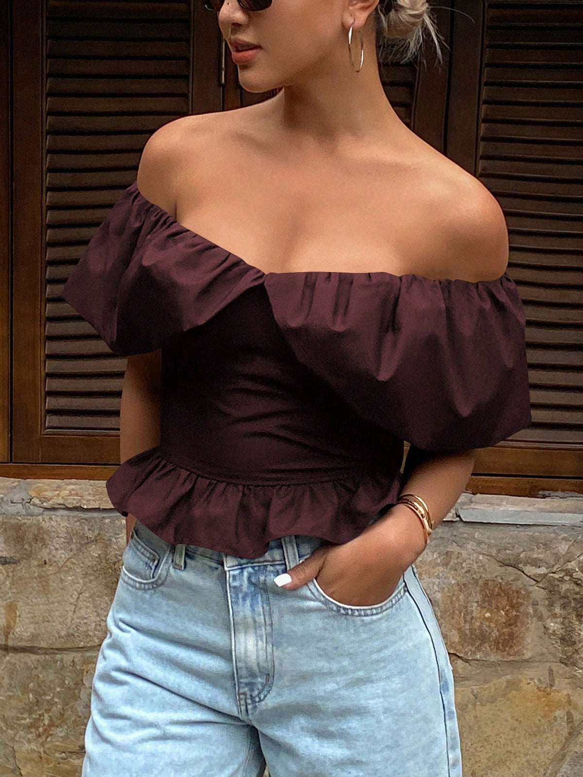 Strévra Solid Color Strapless Straight Neckline Elegant Shirred Short Autumn Blouse Women's Shirt Off The Shoulder Top Going Out Tops