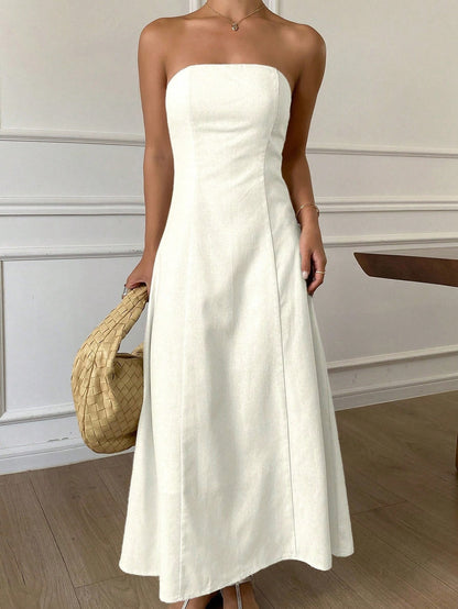Strévra Women's White Summer New Business Casual Solid Color Mid-Length Dress For Vacation