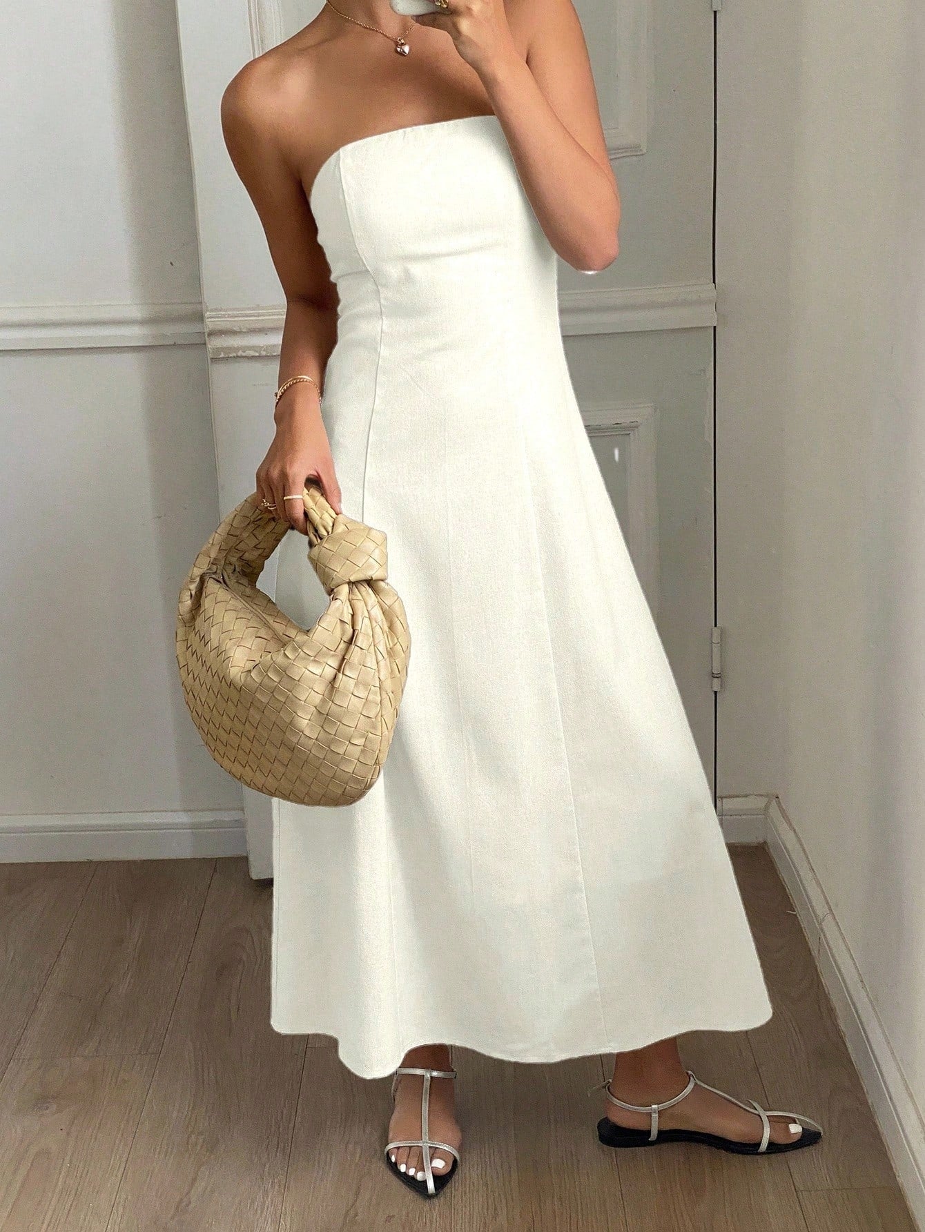 Strévra Women's White Summer New Business Casual Solid Color Mid-Length Dress For Vacation