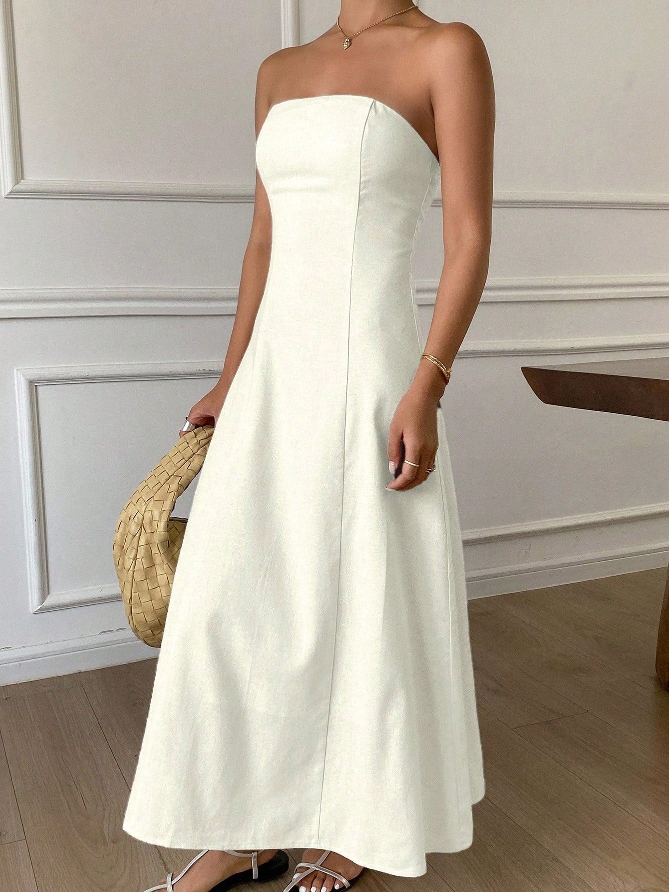 Strévra Women's White Summer New Business Casual Solid Color Mid-Length Dress For Vacation