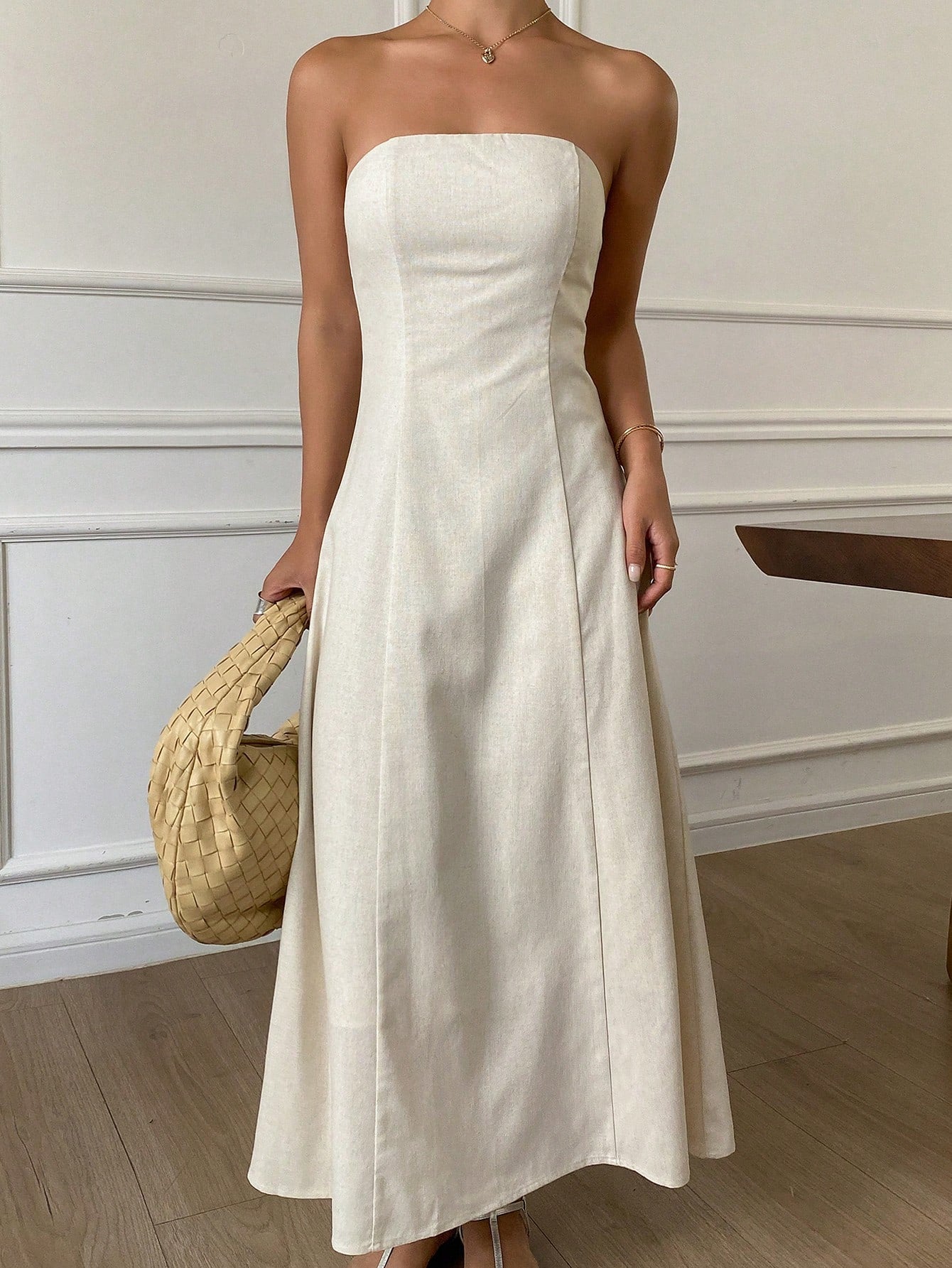 Strévra Women's White Summer New Business Casual Solid Color Mid-Length Dress For Vacation