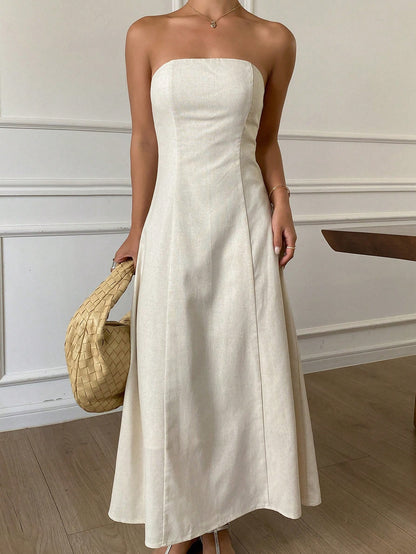 Strévra Women's White Summer New Business Casual Solid Color Mid-Length Dress For Vacation