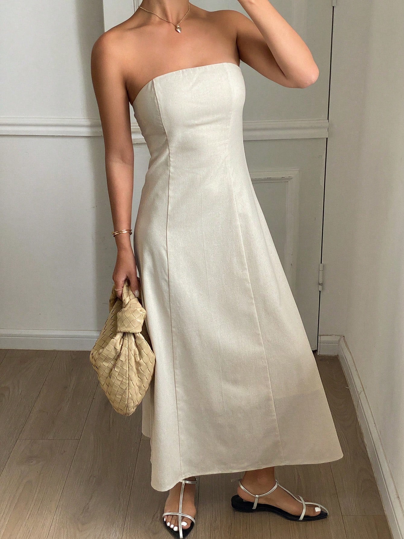 Strévra Women's White Summer New Business Casual Solid Color Mid-Length Dress For Vacation