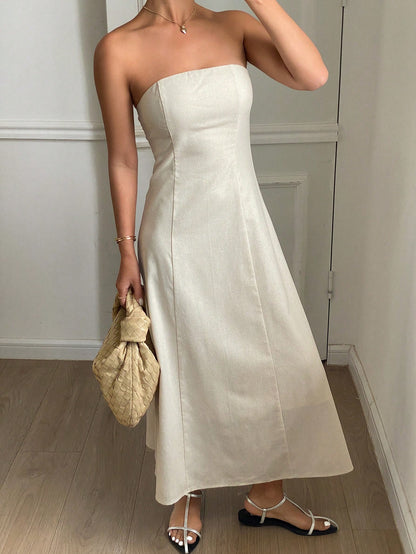 Strévra Women's White Summer New Business Casual Solid Color Mid-Length Dress For Vacation