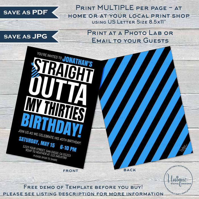 Straight Outta My Thirties Birthday Party Invitation, Editable 40th Birthday Invite