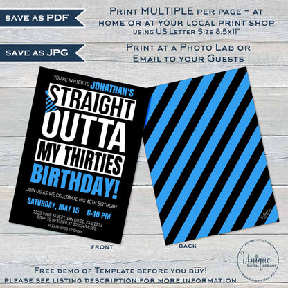 Straight Outta My Thirties Birthday Party Invitation, Editable 40th Birthday Invite