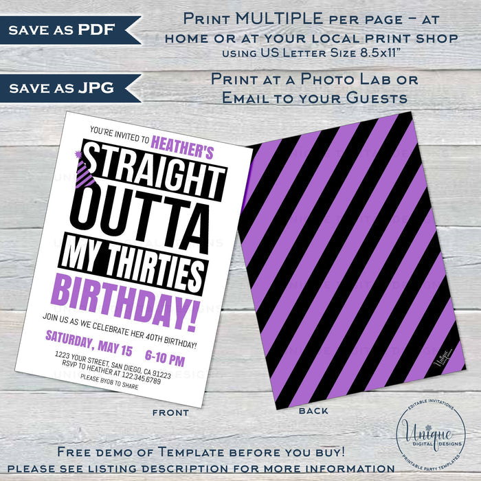 Straight Outta My Thirties Birthday Party Invitation, Editable 40th Birthday Invite