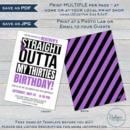 Straight Outta My Thirties Birthday Party Invitation, Editable 40th Birthday Invite