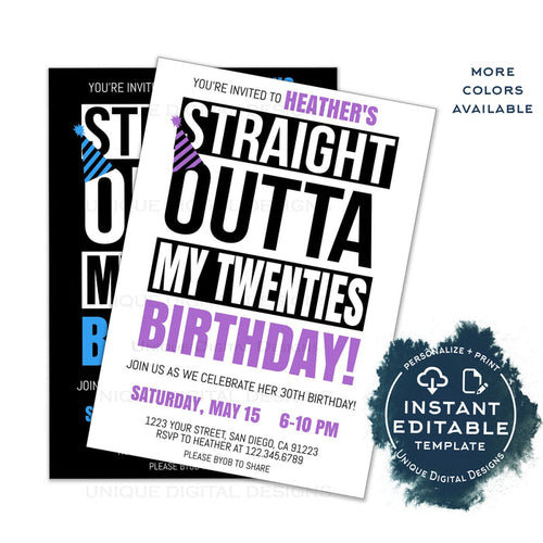 Straight Outta My Twenties Birthday Party Invitation, Editable 30th Birthday Invite