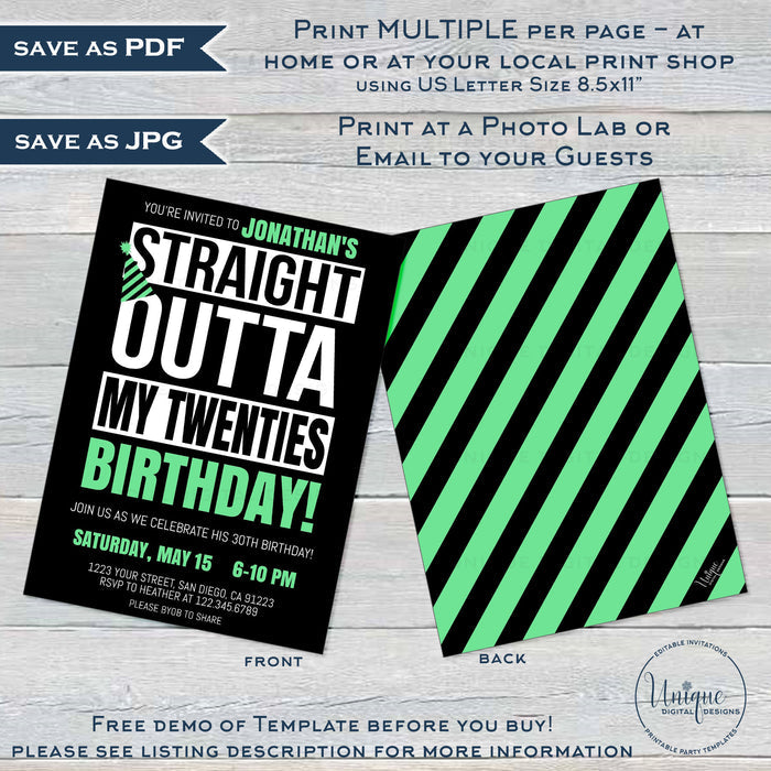 Straight Outta My Twenties Birthday Party Invitation, Editable 30th Birthday Invite