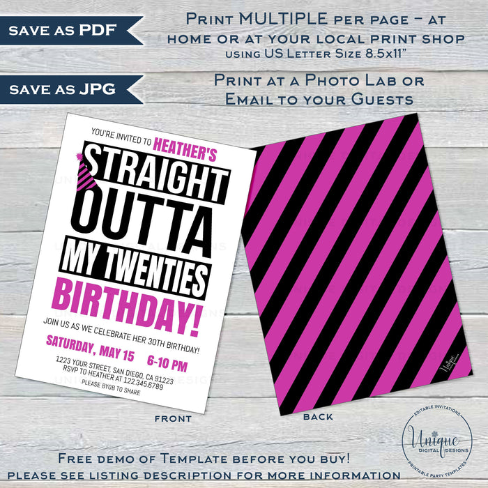 Straight Outta My Twenties Birthday Party Invitation, Editable 30th Birthday Invite