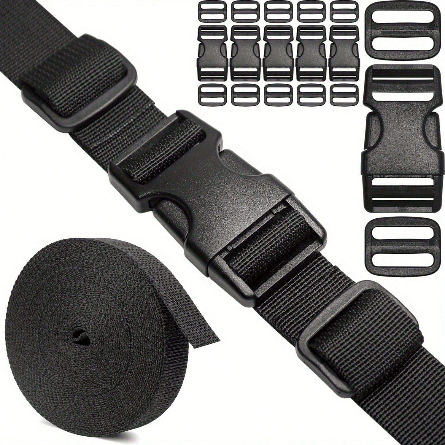 Straps And Buckles Set: 6 Yards Nylon Webbing, 6 Pcs Side Release Buckle, 12 Pcs Tri-Glide Sliders, Plastic Clip Quick Fastener Replacement Buckle